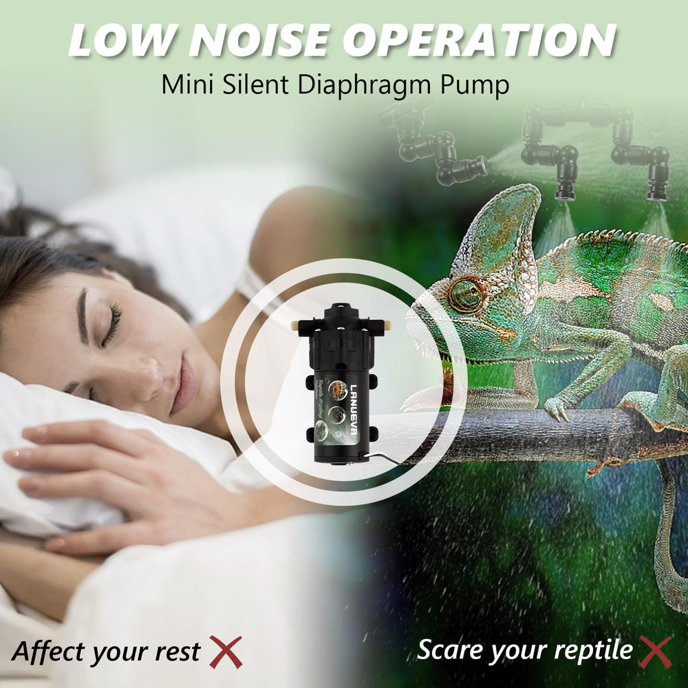 LANUEVA reptile humidifier silent pump emphasizes quiet operation for peaceful terrariums.
