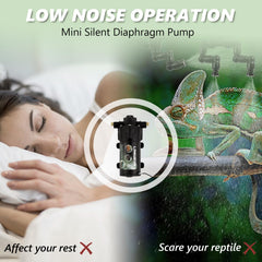 LANUEVA reptile humidifier silent pump emphasizes quiet operation for peaceful terrariums.