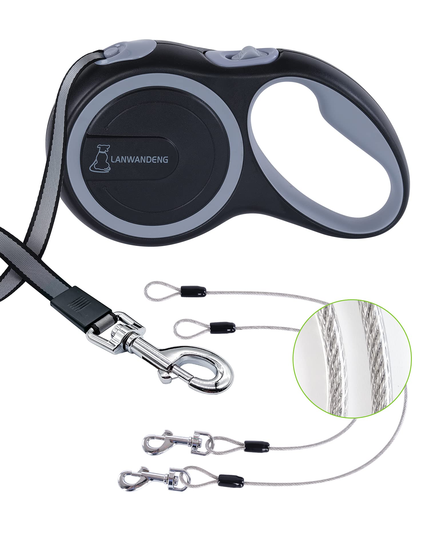 Lanwandeng 26ft chew-proof retractable leash with extended reach for comfortable walks.