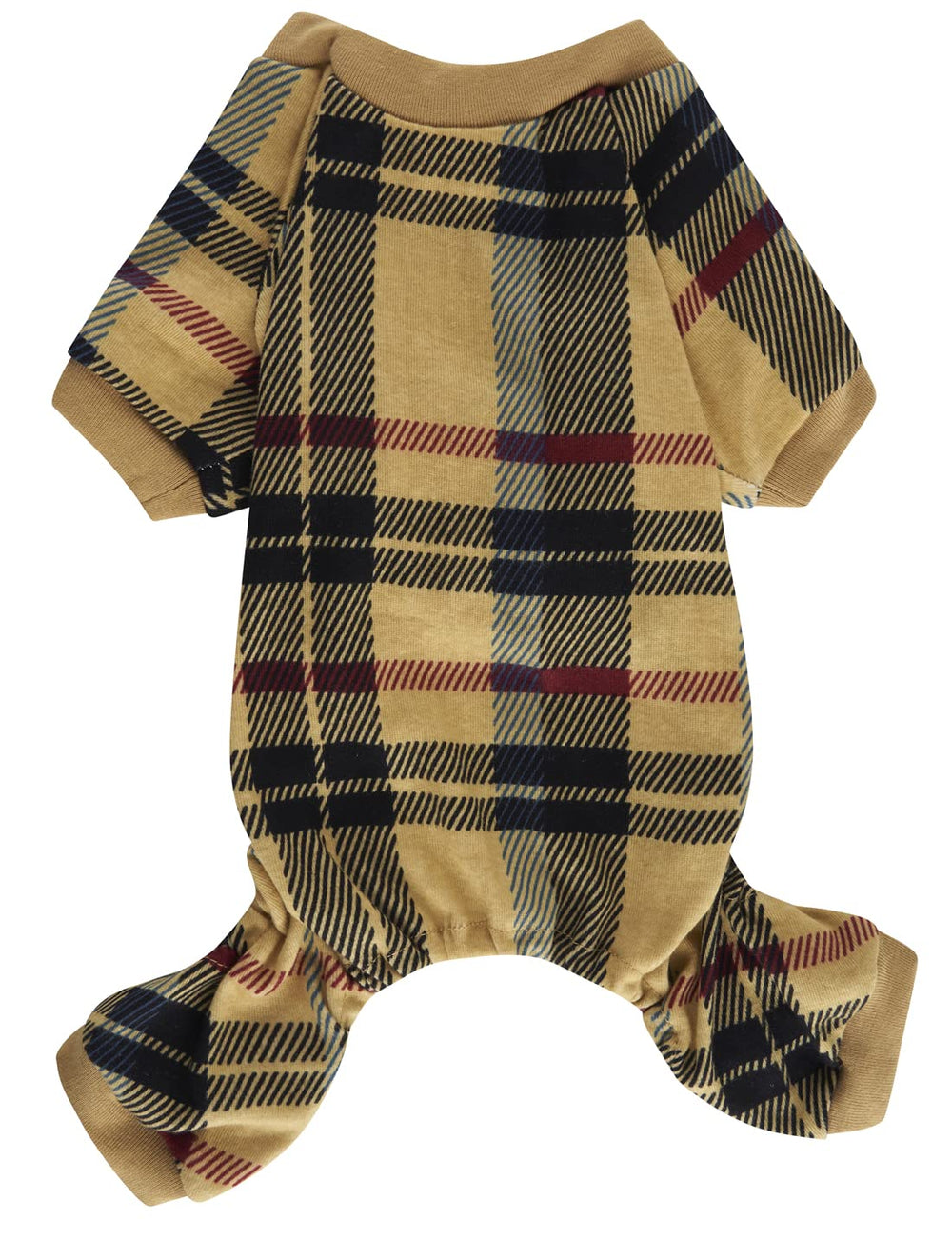 Pijama Lanyarco para perro con cuadros beige y rojo, ideal para fiestas navideñas.
