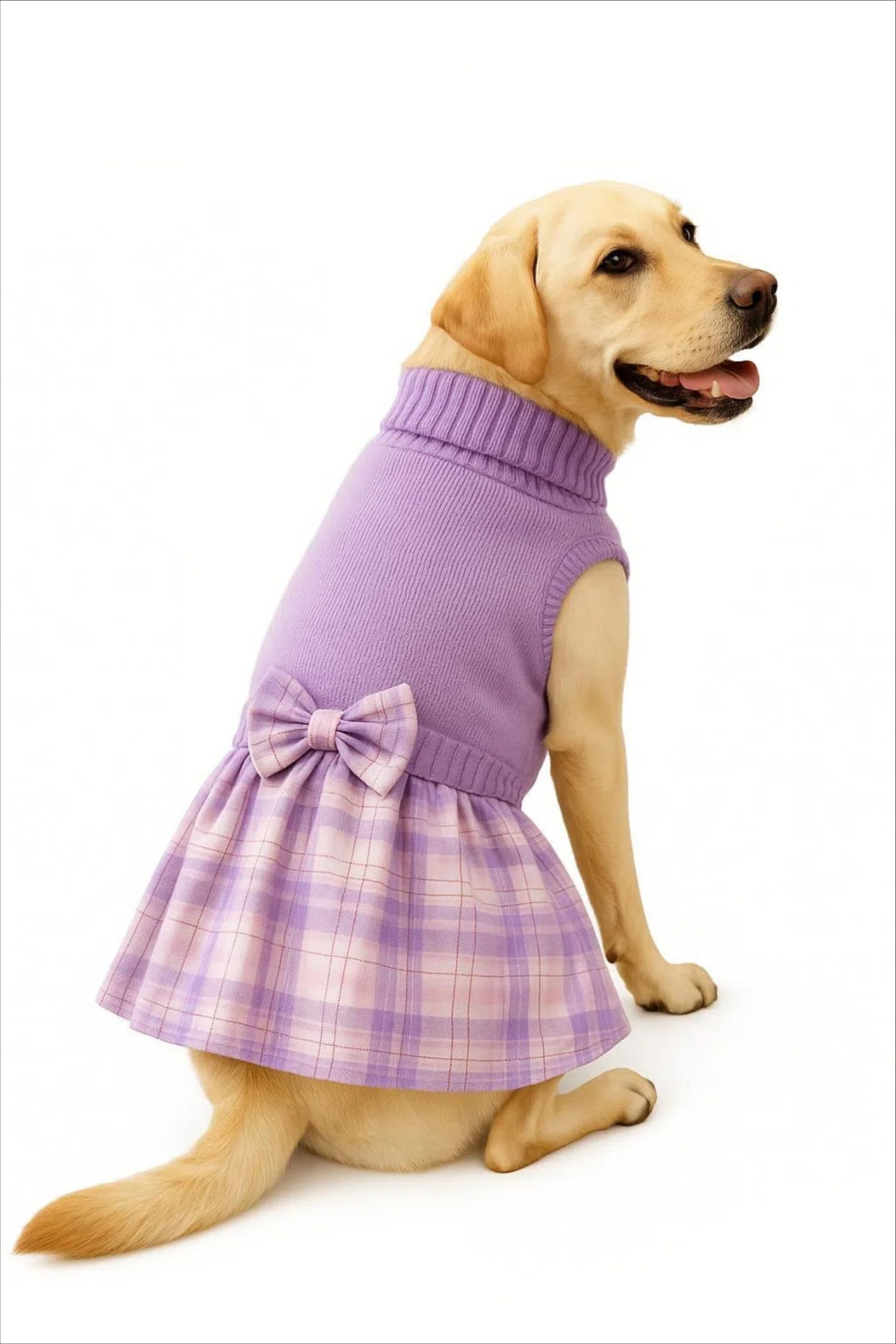 Lanyarco purple dog dress XL plaid skirt closeup shows durable cotton fabric.