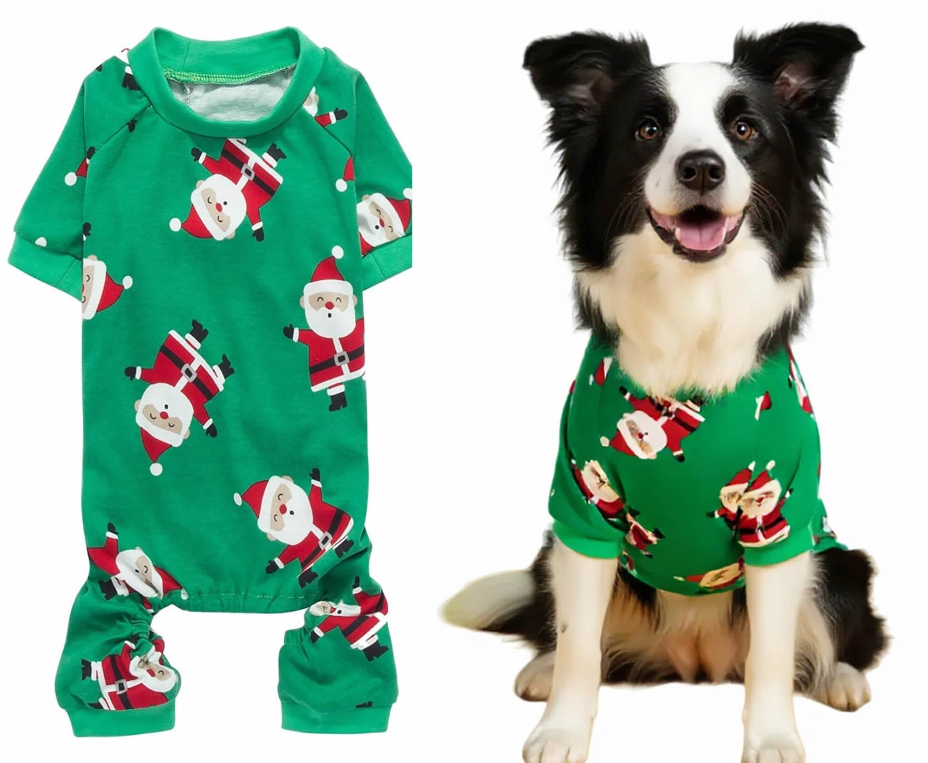 Lanyarco Santa Claus dog pajamas front view showing festive green design and comfort