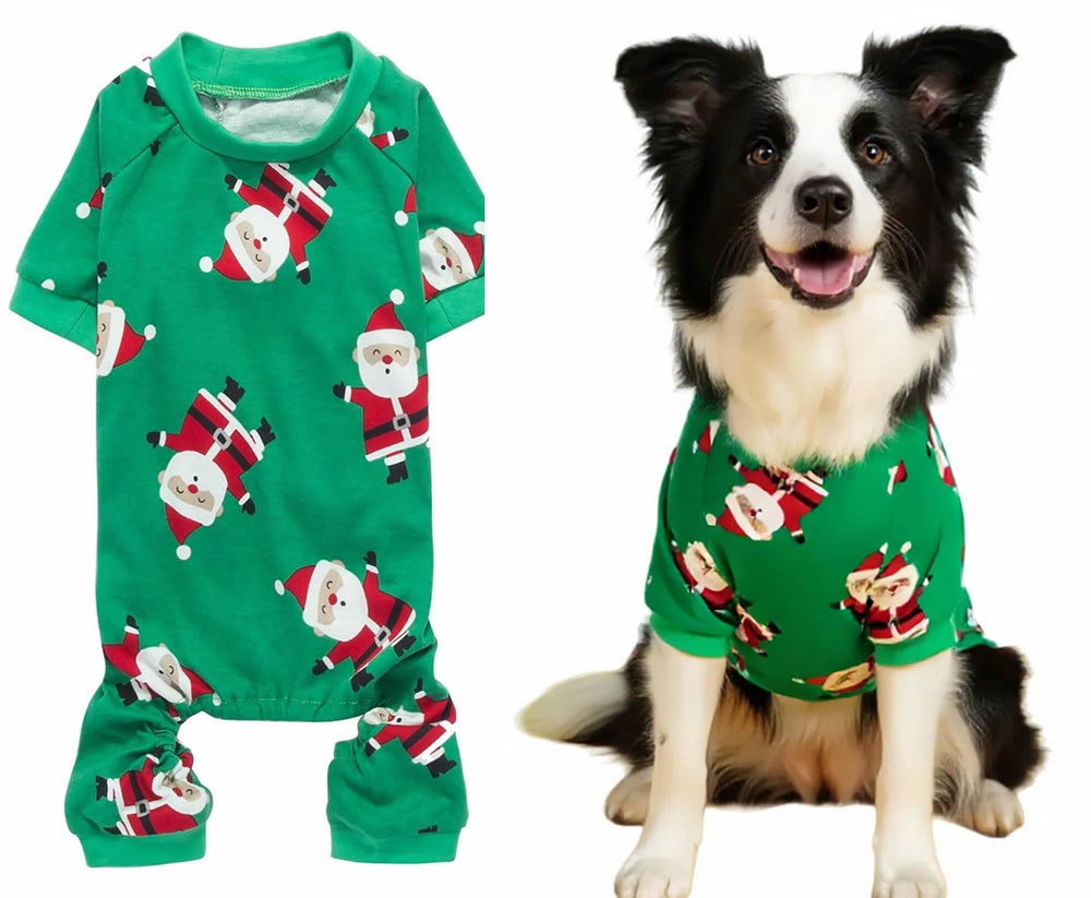 Lanyarco Santa Claus dog pajamas front view showing festive green design and comfort
