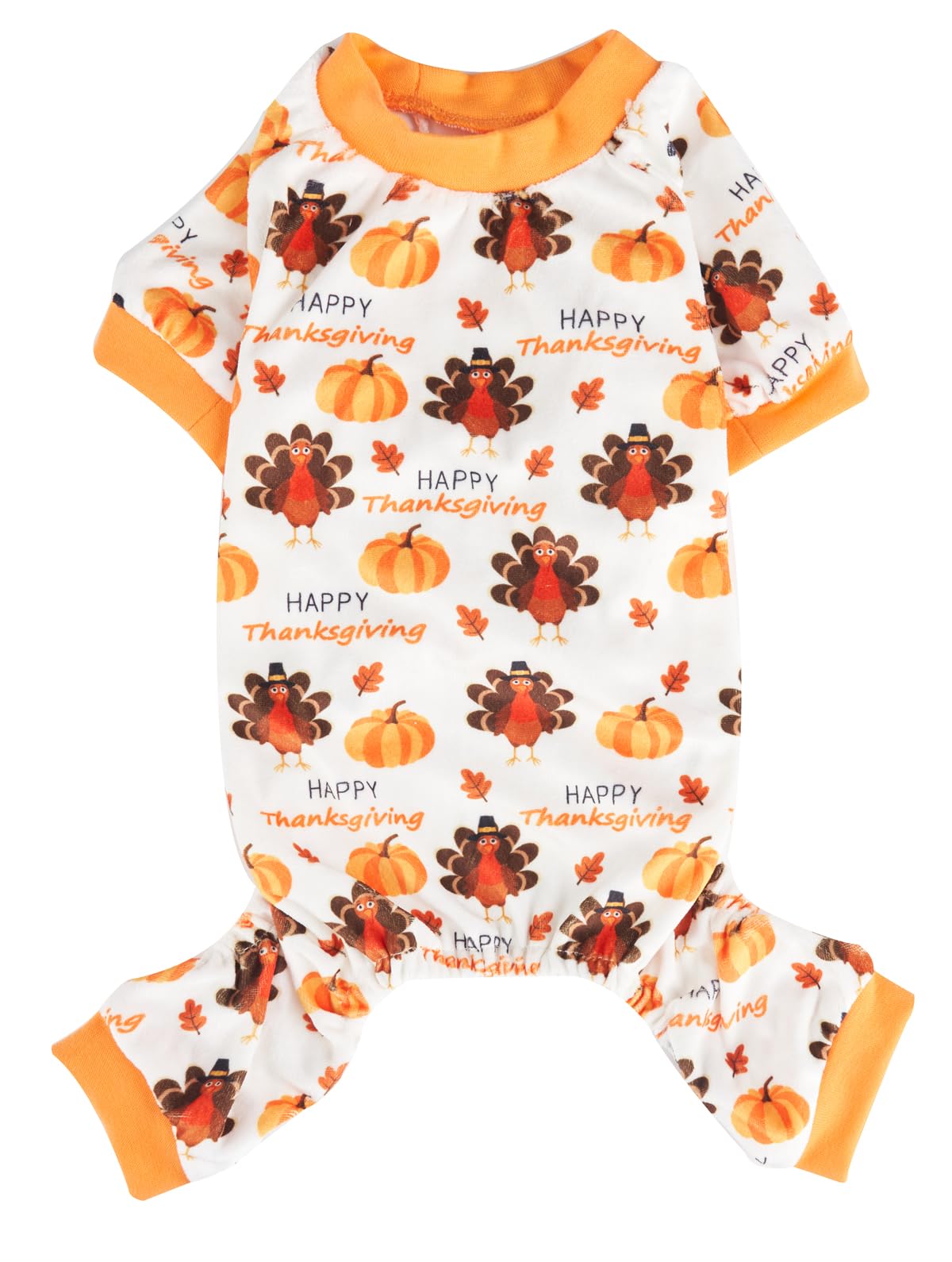 Lanyarco turkey-pumpkin dog pajamas back view for festive comfort and easy care.