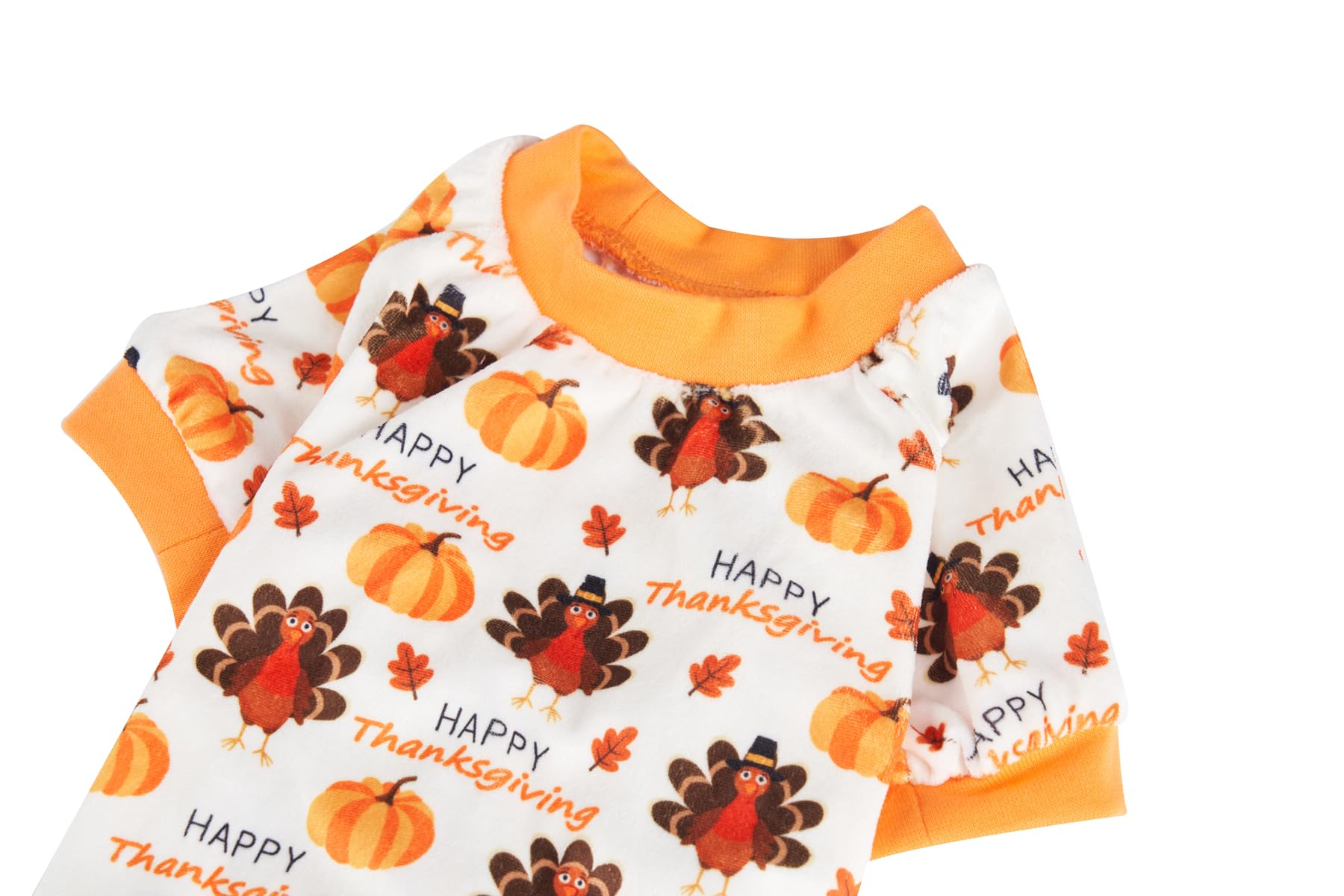 Lanyarco turkey-pumpkin dog pajamas chest-girth detail illustrates snug fit for daily lounging.