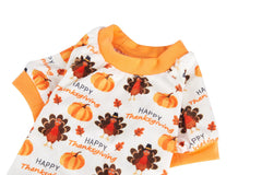 Lanyarco turkey-pumpkin dog pajamas chest-girth detail illustrates snug fit for daily lounging.