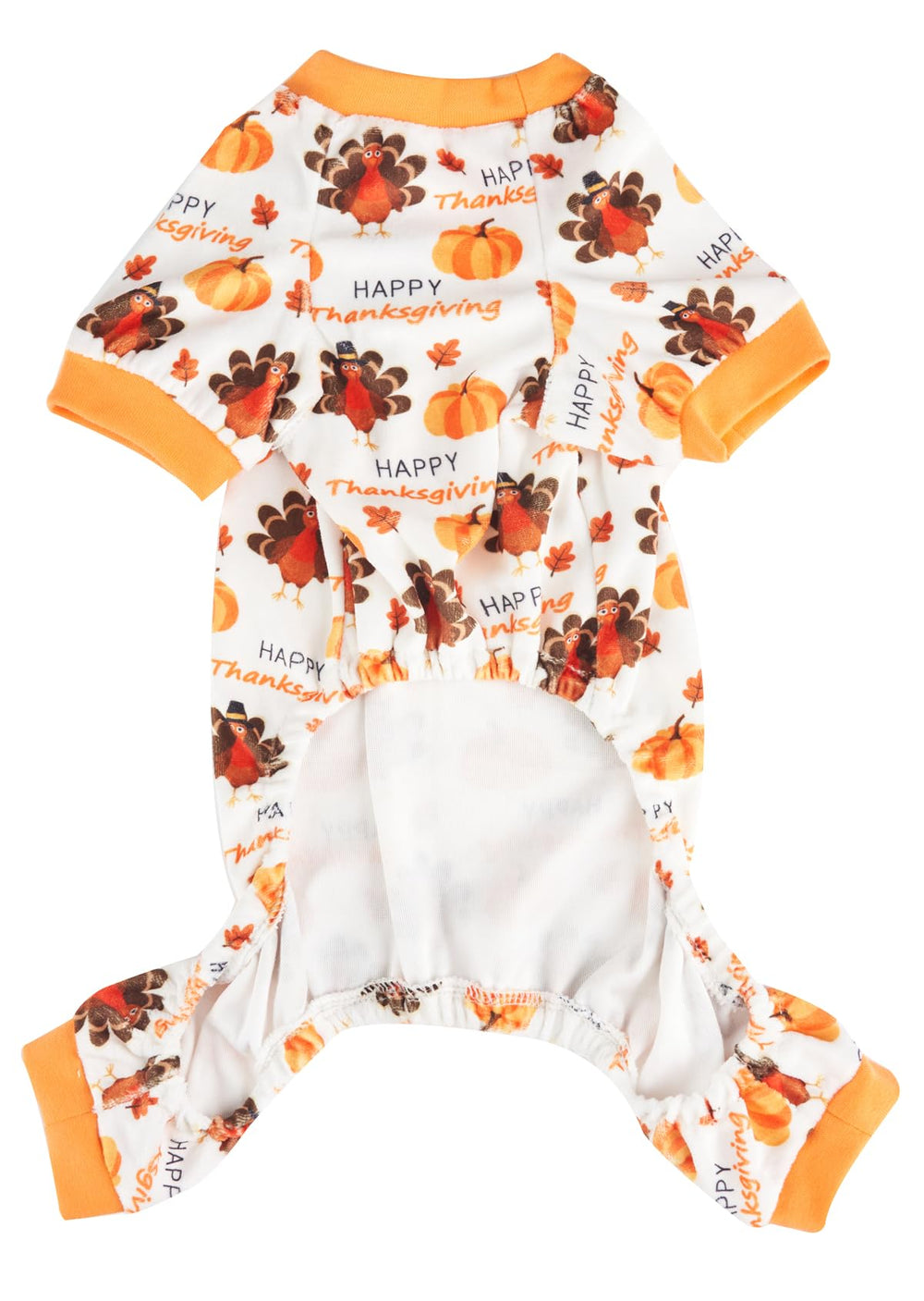 Lanyarco turkey-pumpkin dog pajamas neck-girth close-up shows soft breathable fabric for comfy wear.