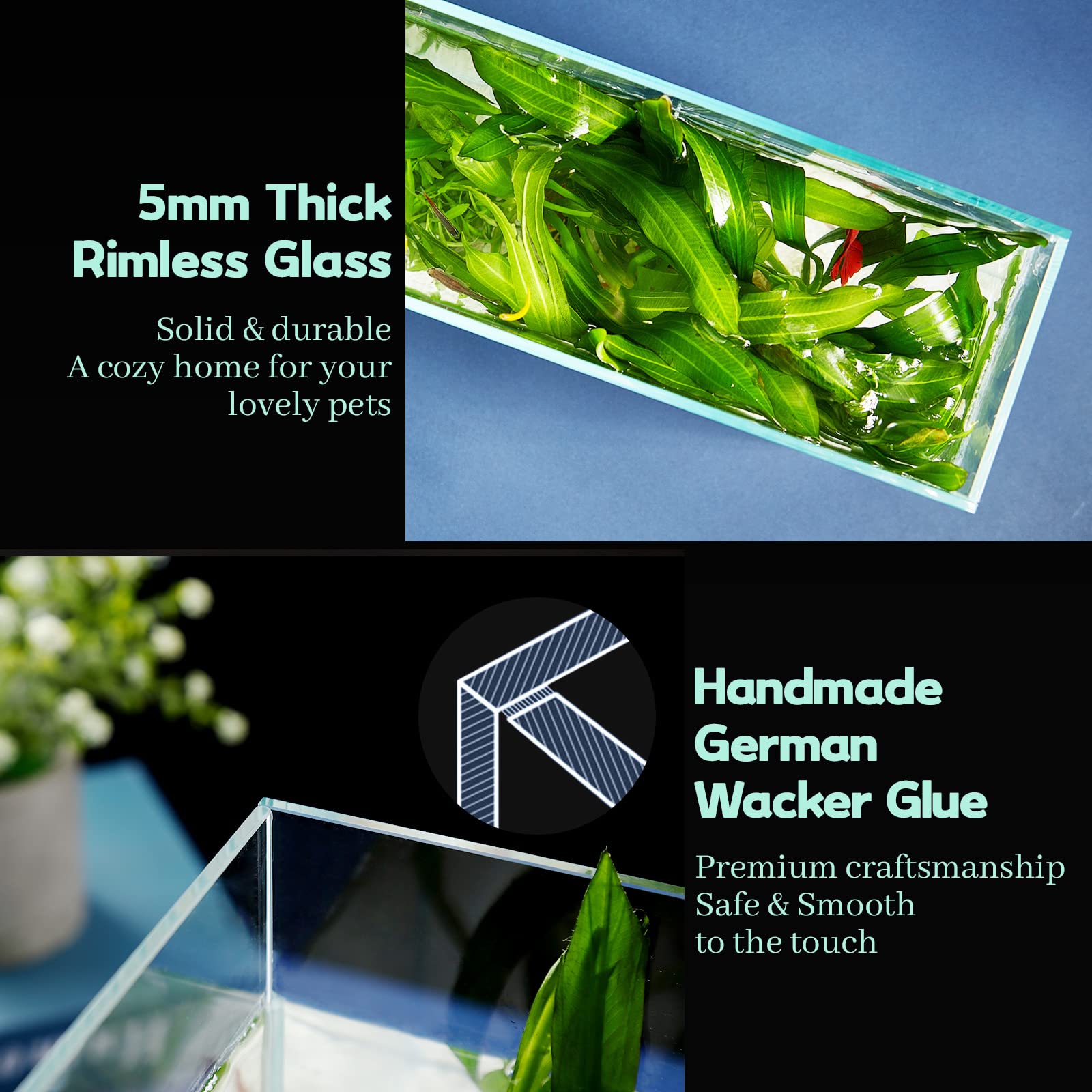 LAQUAL rimless edge with handmade glass finish for durability