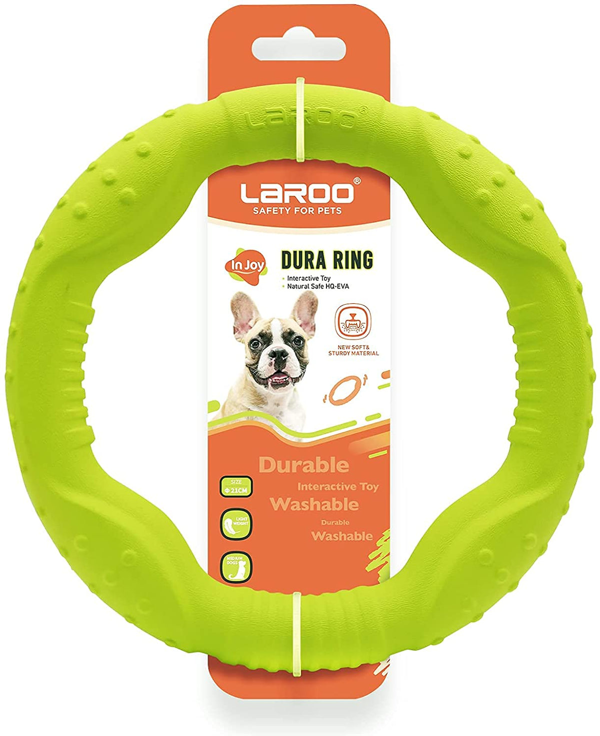 LaRoo Aggressive Chewer floating disc ready for fetch in water-friendly play.