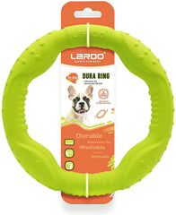 LaRoo Aggressive Chewer floating disc ready for fetch in water-friendly play.