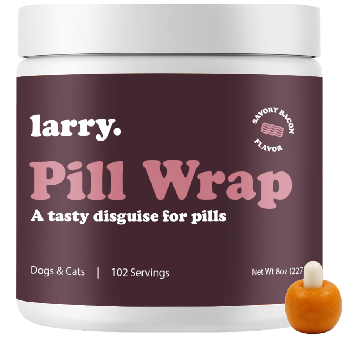 Larry Bacon Pill Wrap jar closeup shows moldable texture for any size pill, sealing in taste.