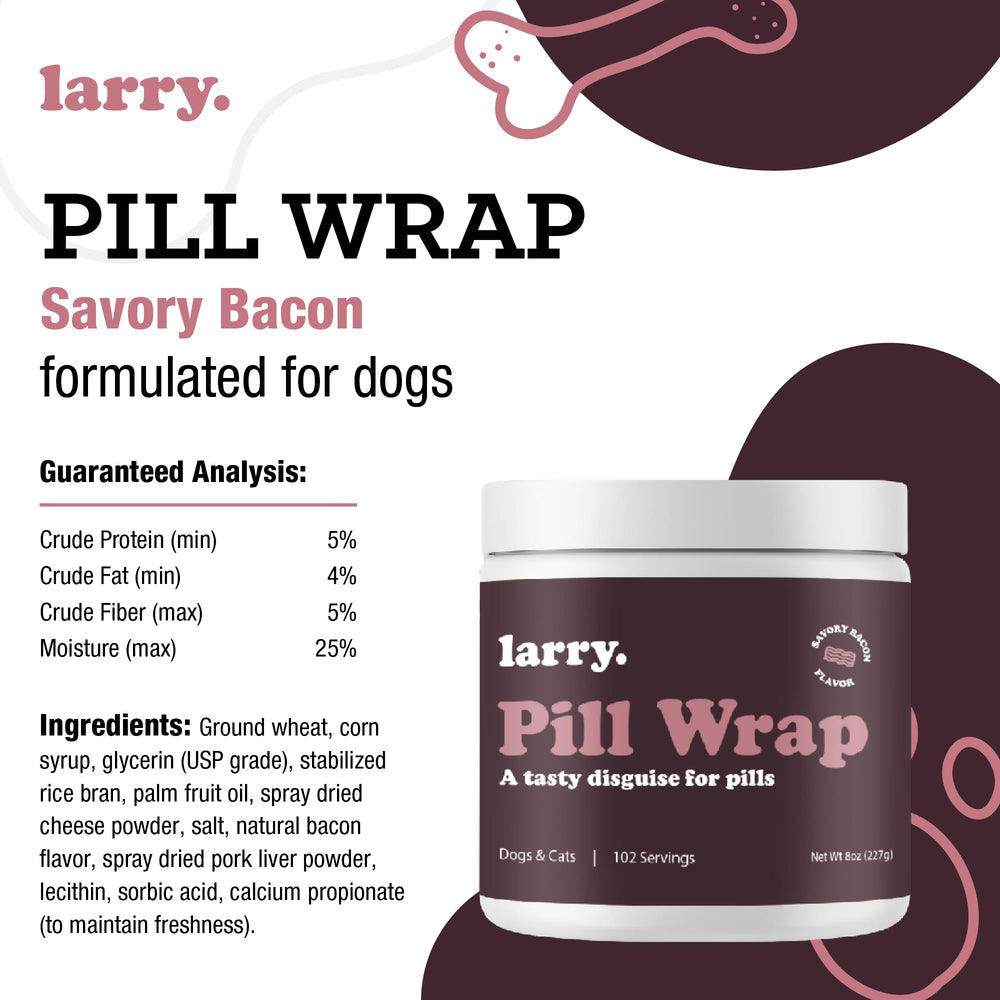 Larry moldable-pill-wrap packaging scene emphasizes cost-effective, stress-free dosing for multi-pet households.