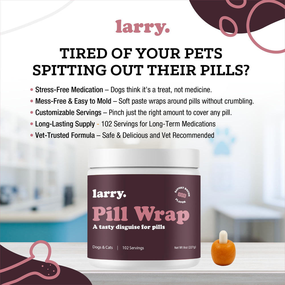 Larry Pill Wrap treats for medicine show pup happily taking daily medications as a reward.