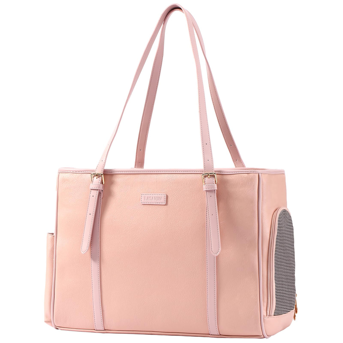 Lasaviin fashion dog purse pink open-top shows easy pet interaction during travel.