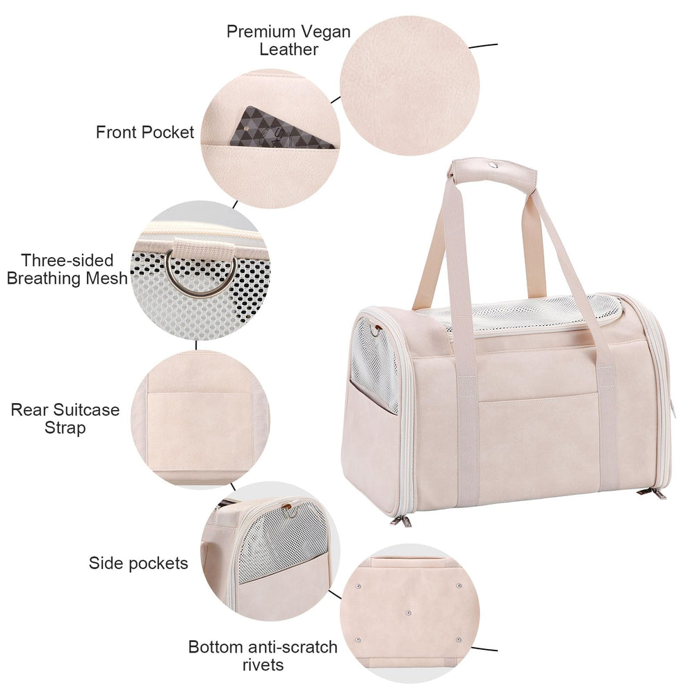Lasaviin fashion leather cat carrier collapsible design makes storage quick and simple.