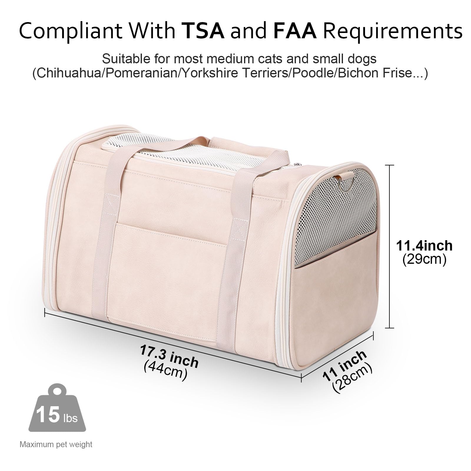 Lasaviin fashion leather cat carrier side view shows breathable soft-sided construction for comfort.