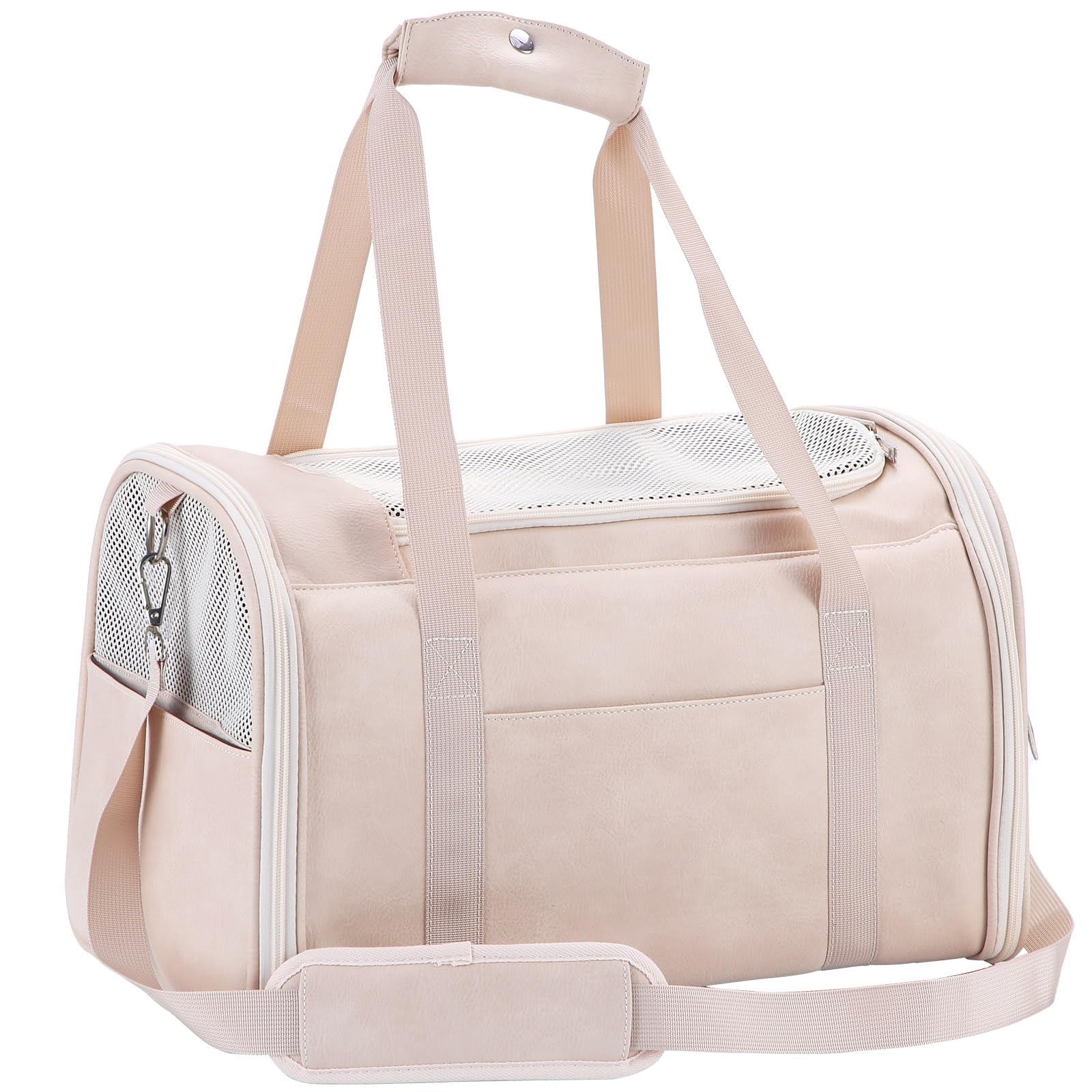 Lasaviin fashion leather dog carrier close-up highlights a lightweight, portable design for easy travel.