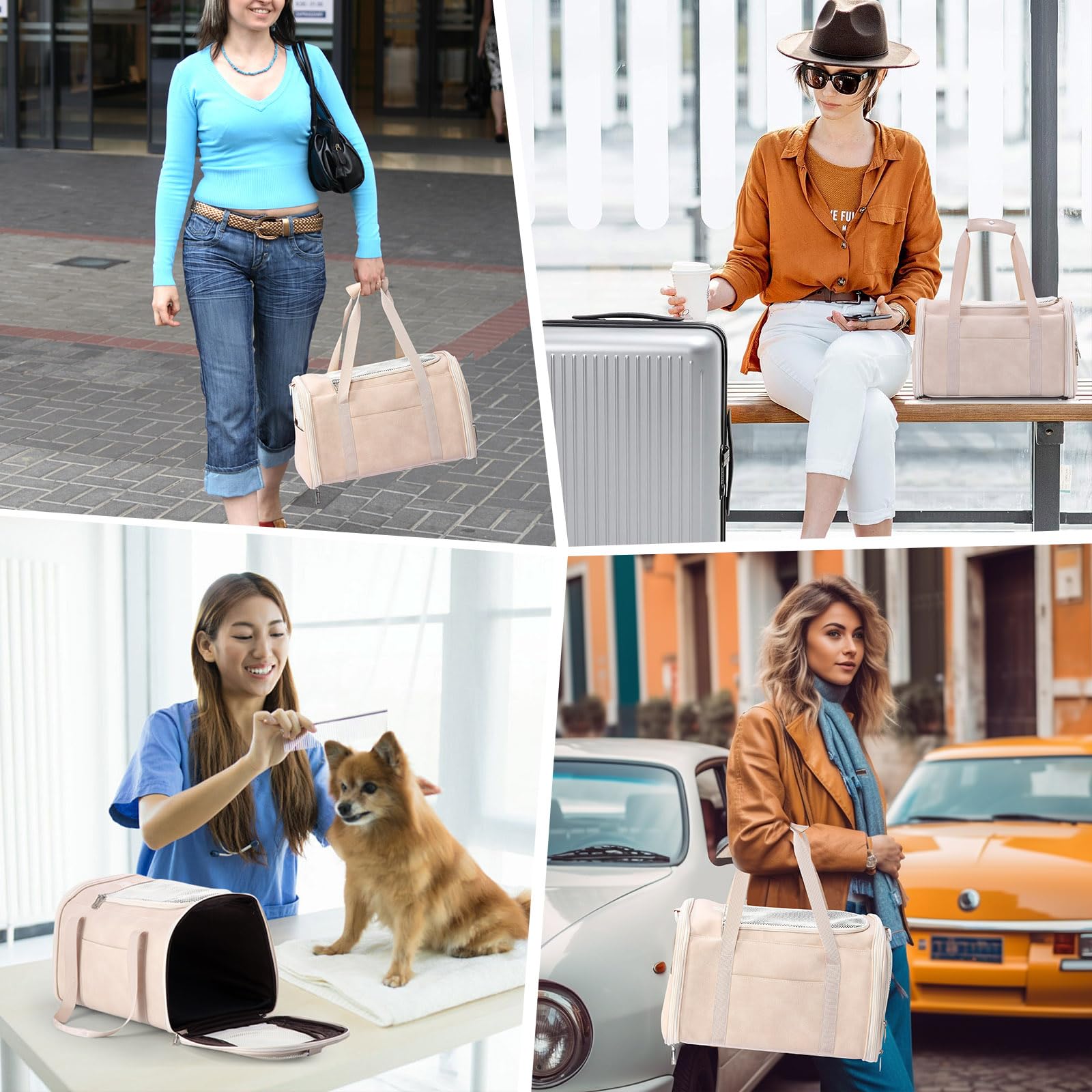 Lasaviin fashion leather dog carrier on urban stroll showcases chic everyday use.