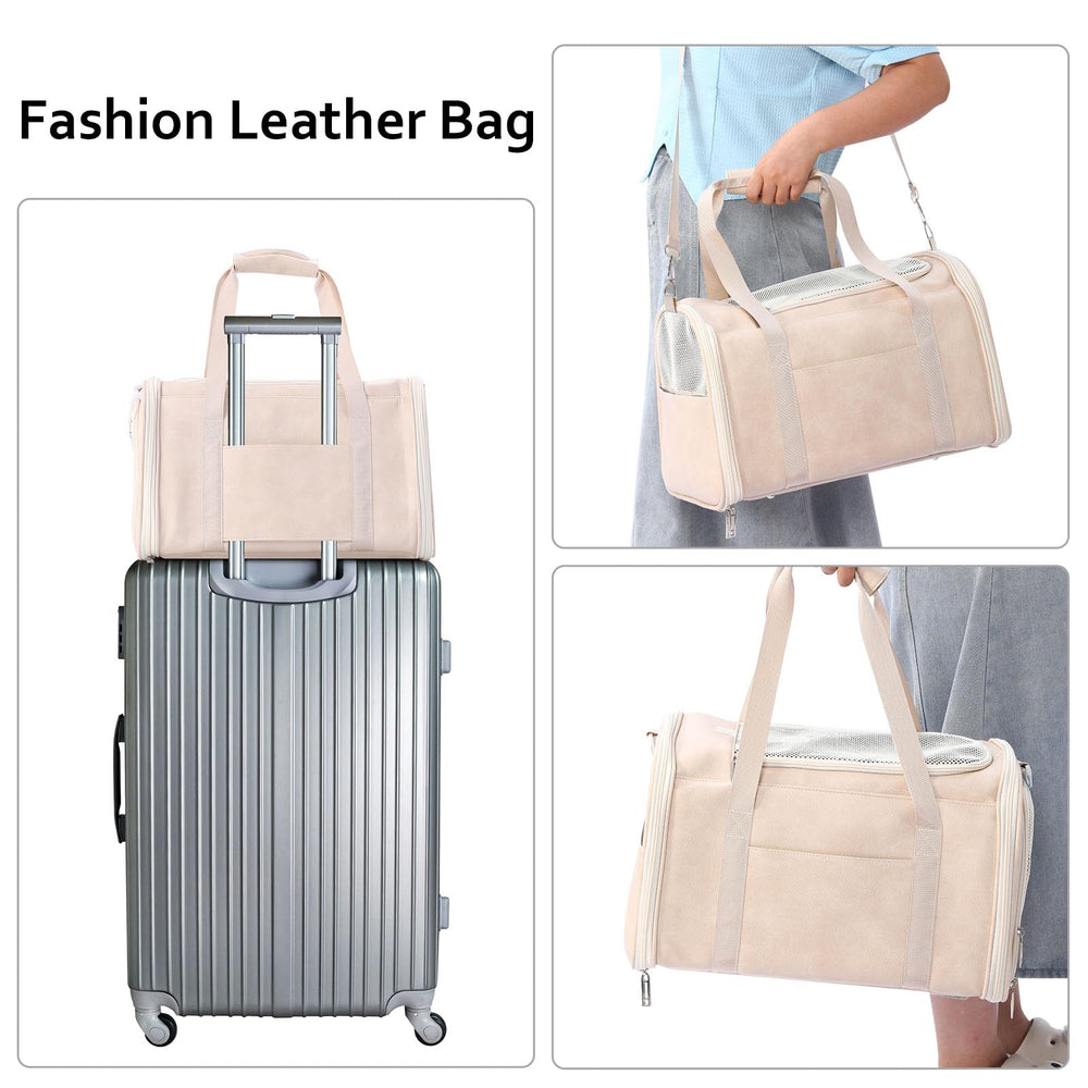 Lasaviin fashion leather pet carrier airline-approved white model ready for plane travel.