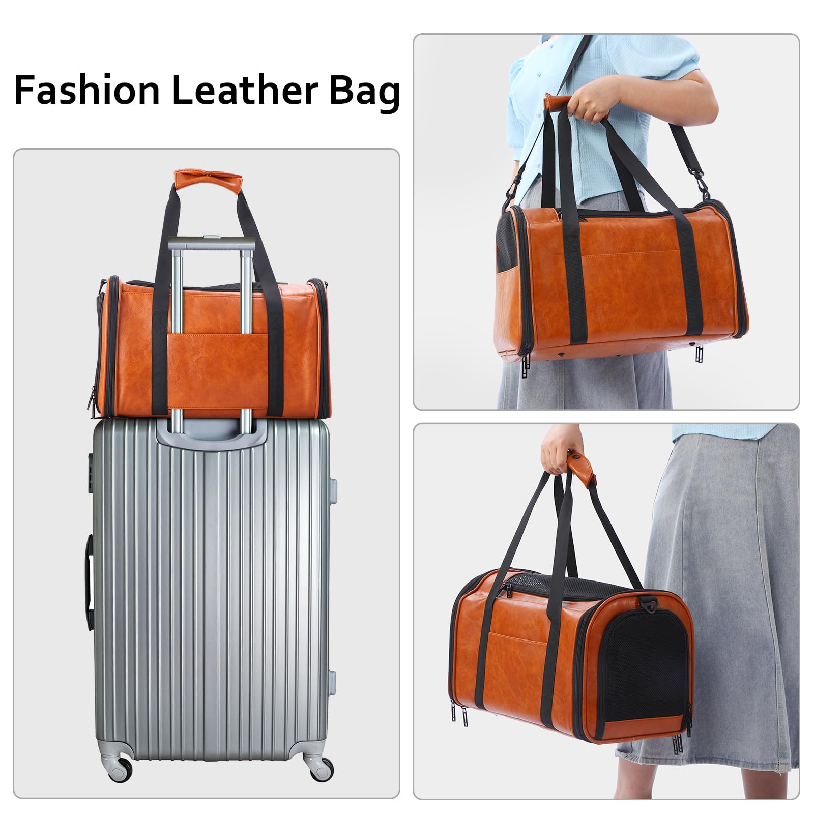 Lasaviin vegan leather carrier with TSA-friendly design, suited for air travel with small pets.