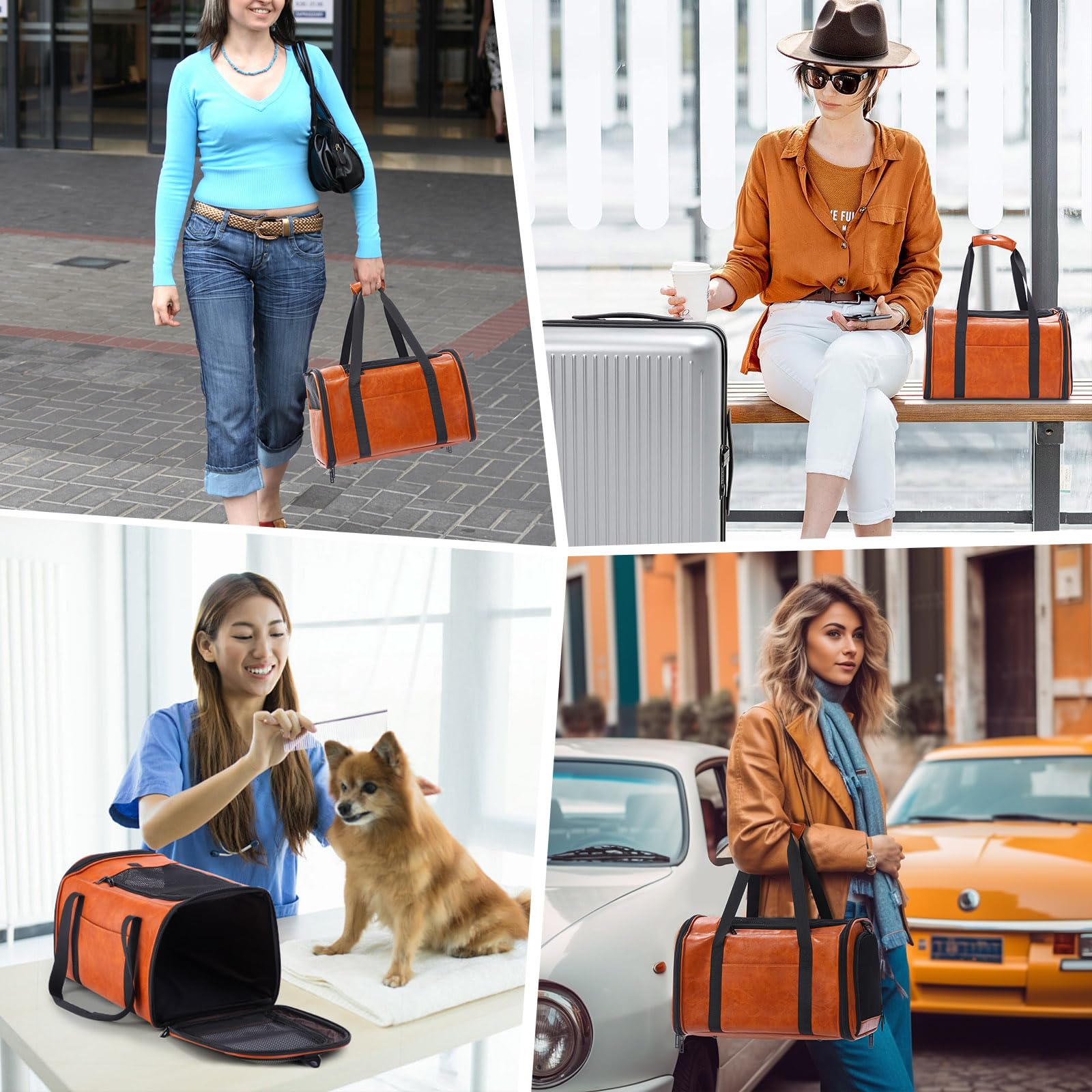 Lasaviin vegan leather dog carrier in brown during everyday outings, shopping trips, or vet visits.