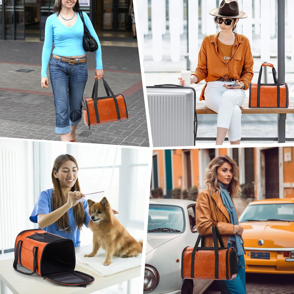 Lasaviin vegan leather dog carrier in brown during everyday outings, shopping trips, or vet visits.