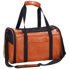 Lasaviin fashion vegan leather dog carrier in brown front view, ideal for travel with small pets.