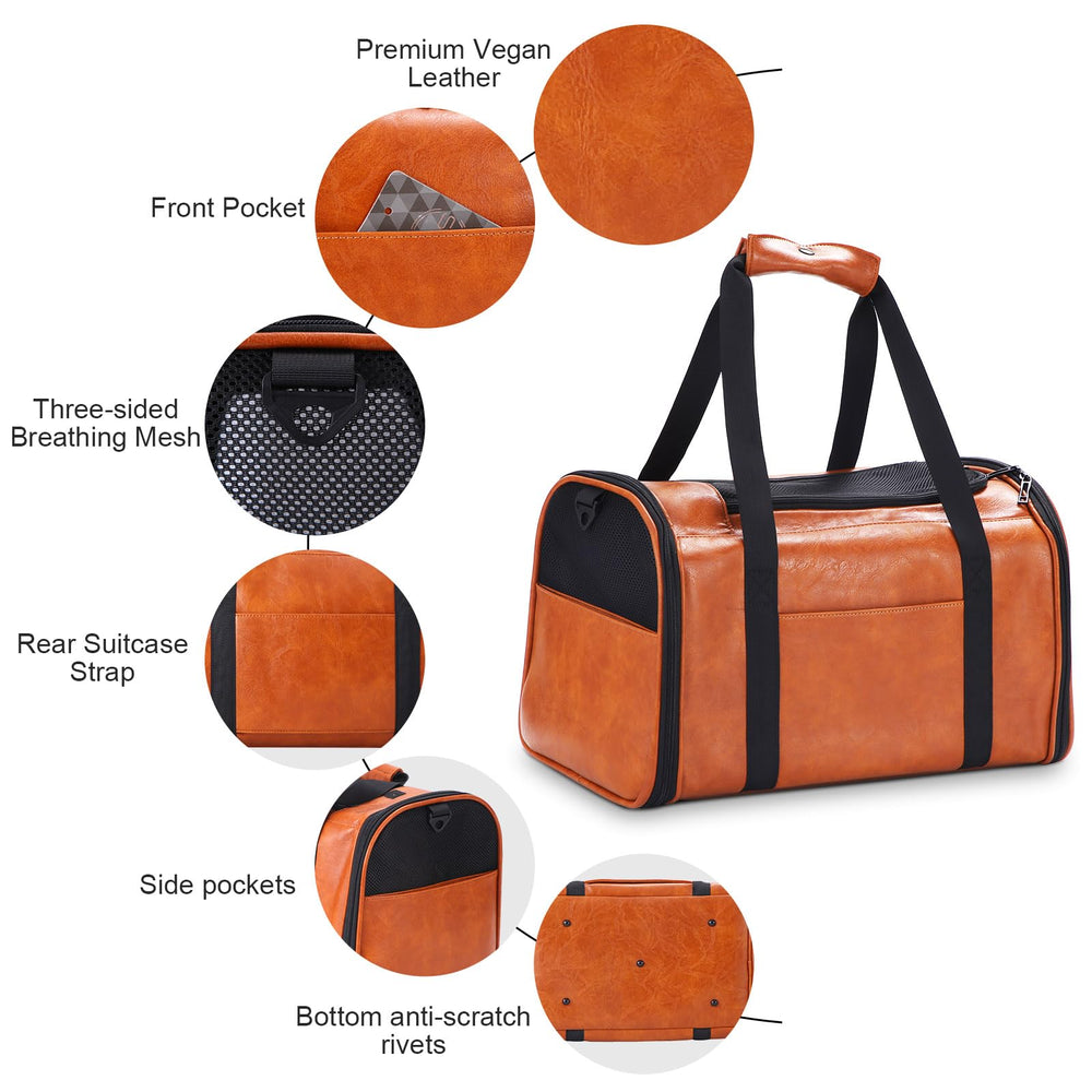 Lasaviin fashion vegan leather dog carrier with travel-friendly design and airline-ready features.