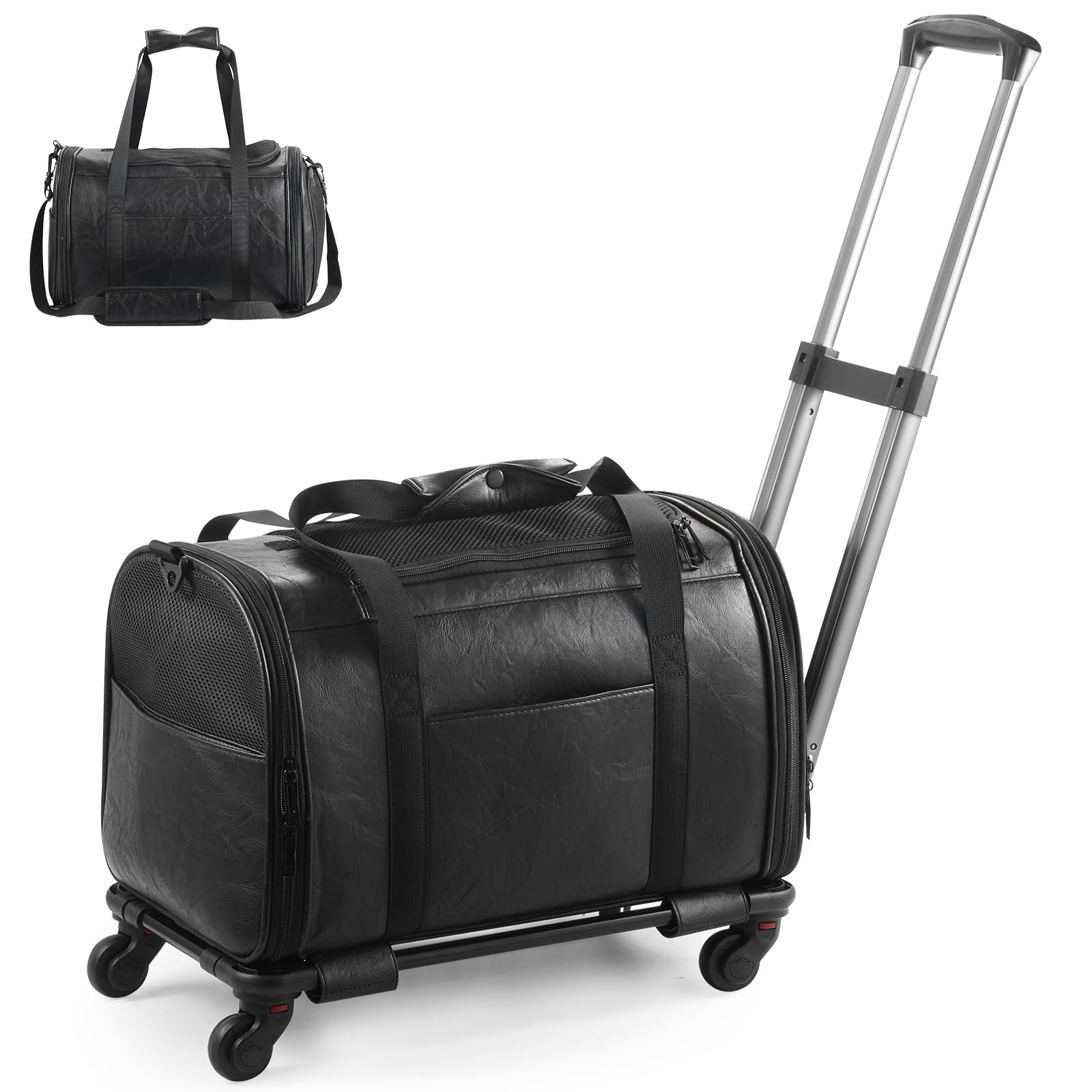Lasaviin leather pet carrier under seat shows airline-friendly size for easy cabin travel.