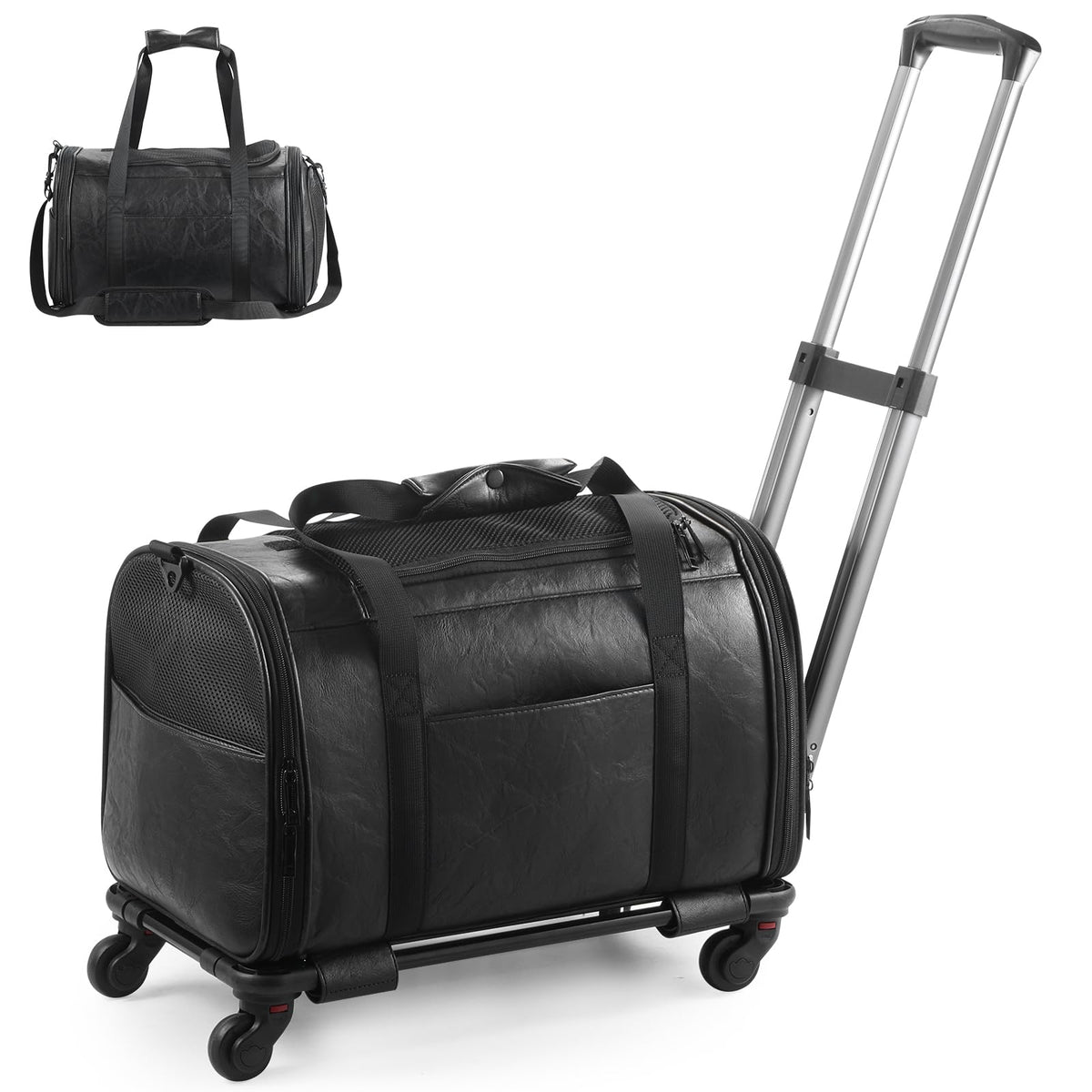 Lasaviin leather pet carrier under seat shows airline-friendly size for easy cabin travel.