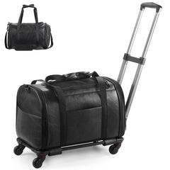 Lasaviin leather pet carrier under seat shows airline-friendly size for easy cabin travel.