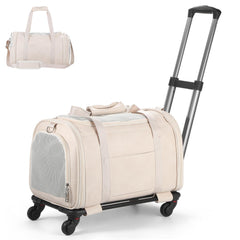 Lasaviin leather pet carrier with wheels fits under airplane seats for easy travel.