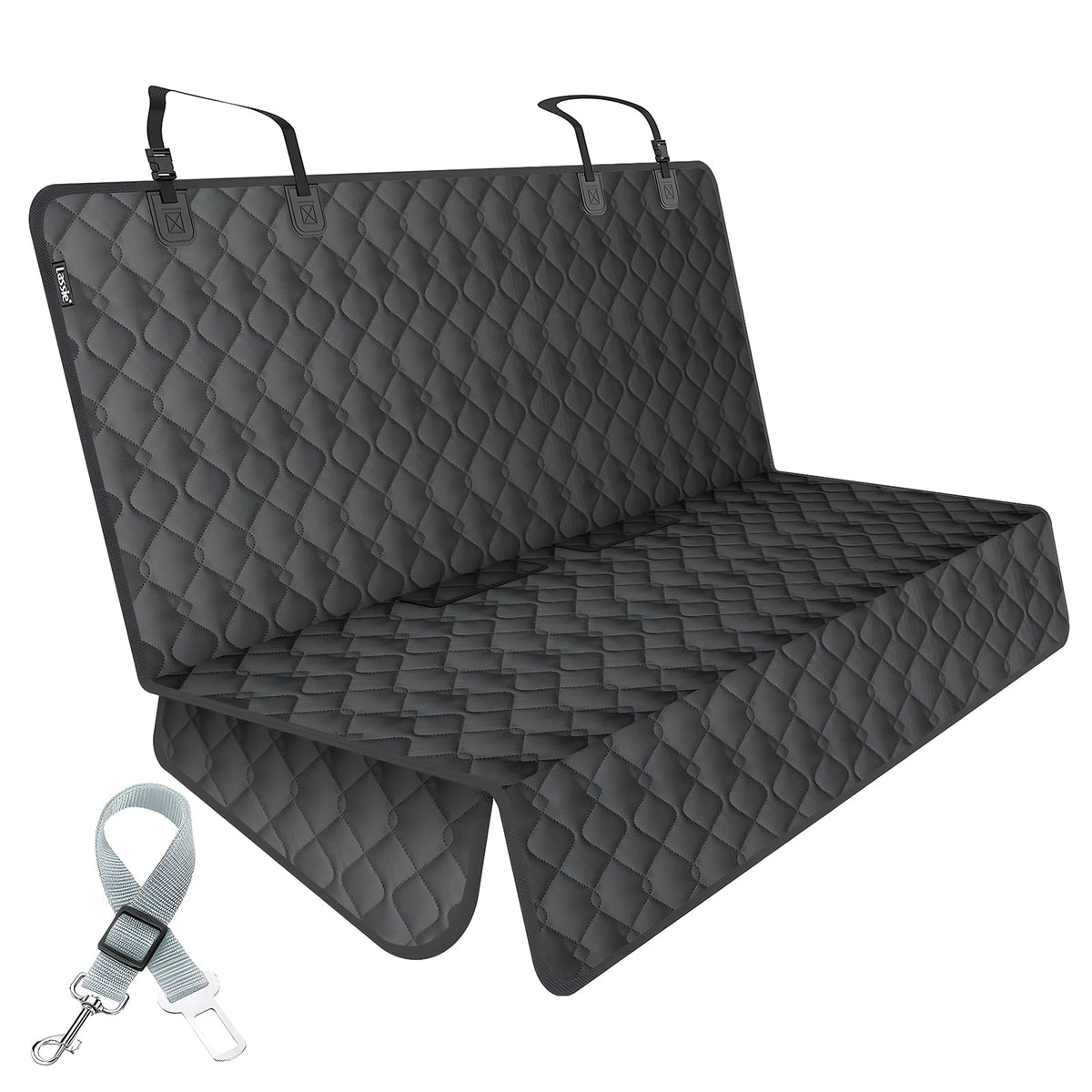 Lassie back seat cover protects seats from spills and hair during car trips.