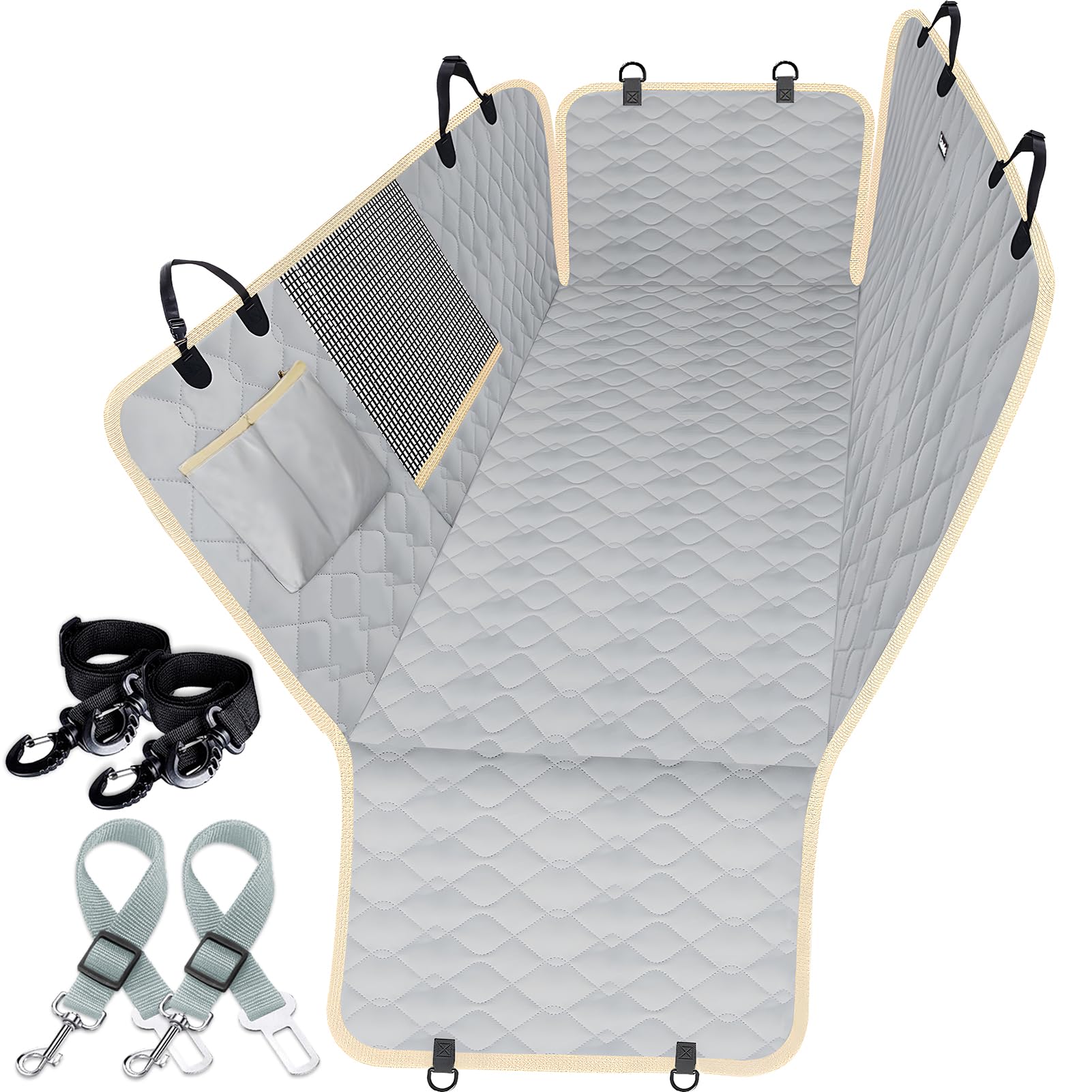 Lassie dog car hammock with side flaps protects doors during travel.
