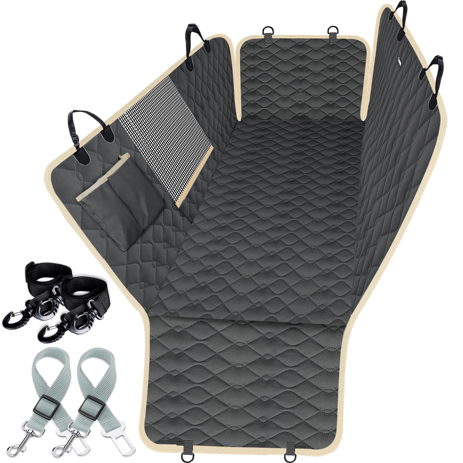 Lassie dog car seat cover backseat hammock protects upholstery and keeps hair and dirt away during travels.