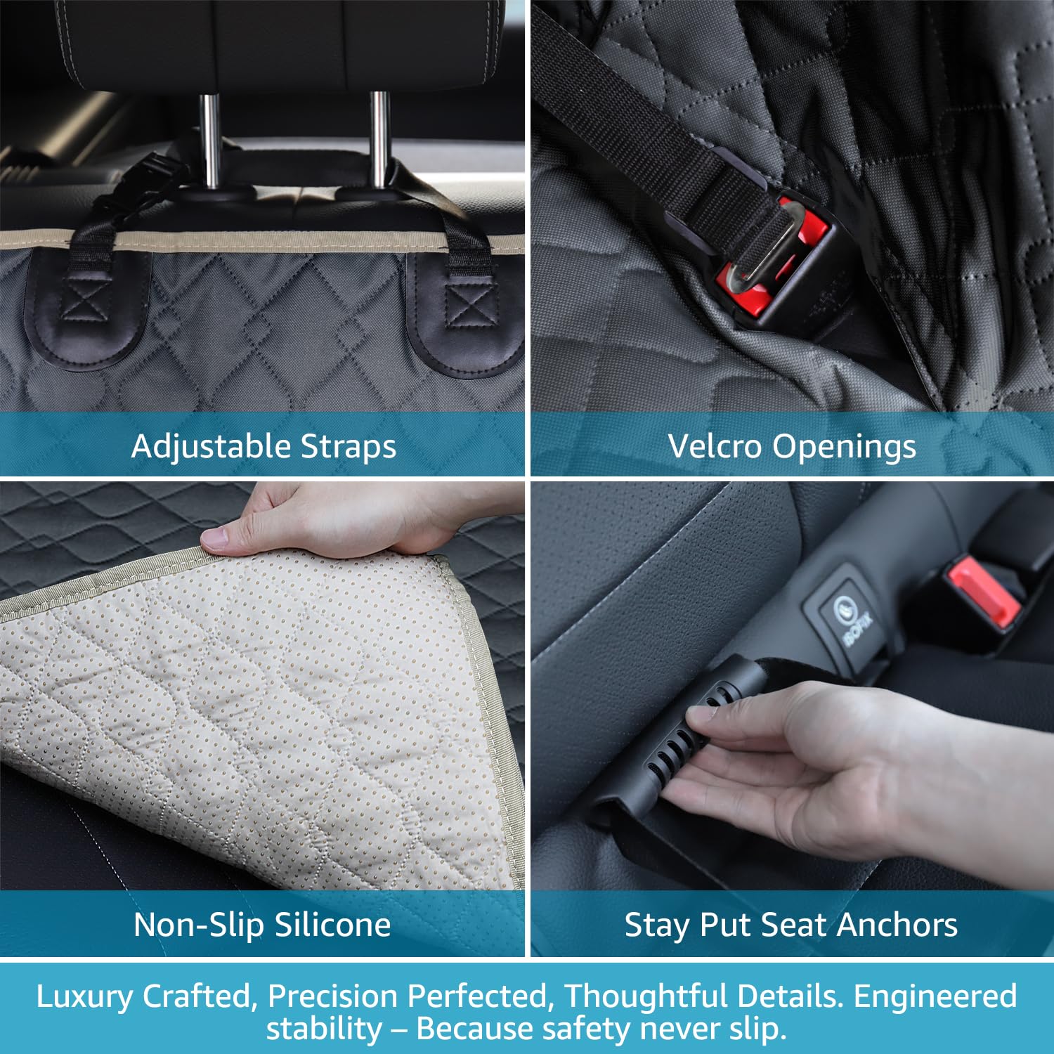 Lassie dog car seat cover machine-washable anti-static fabric resists hair and debris.