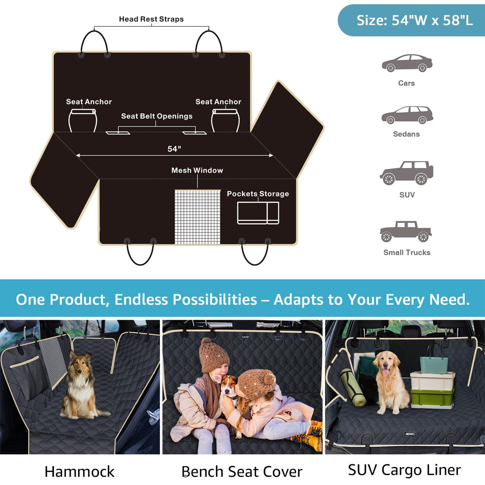 Lassie dog car seat cover includes two seat belts for secure, comfortable travel.