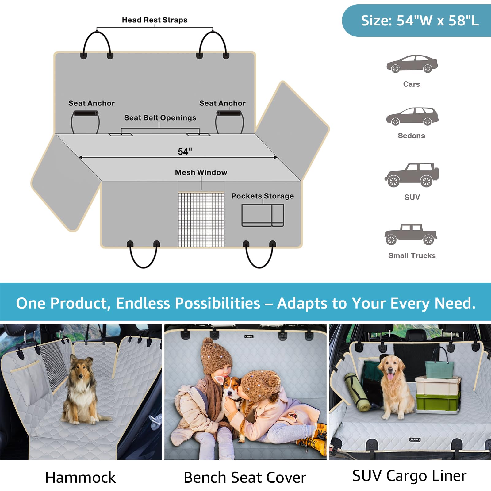 Lassie machine-washable dog seat cover for easy cleaning after adventures.