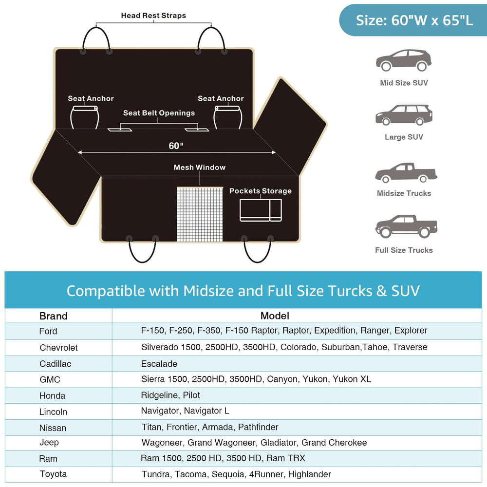 Lassie XL truck seat cover tear resistant 600D withstands claws and rough play.