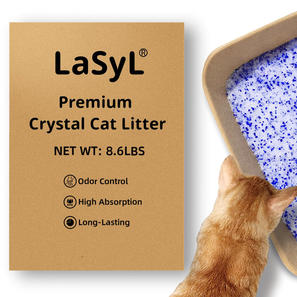LaSyL Premium Crystal Cat Litter box view highlighting long-lasting odor control.