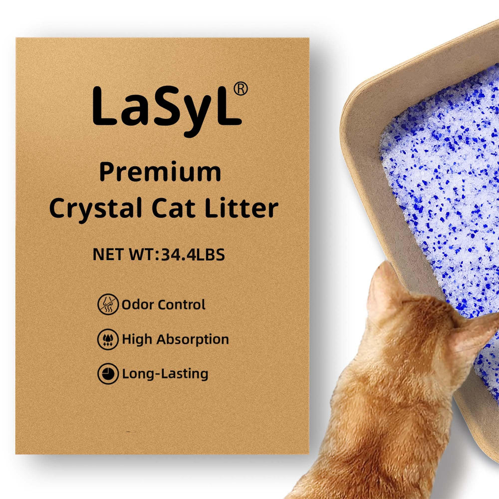 LaSyL Premium Crystal Cat Litter packaging shows eight bags, highlighting long-lasting value.
