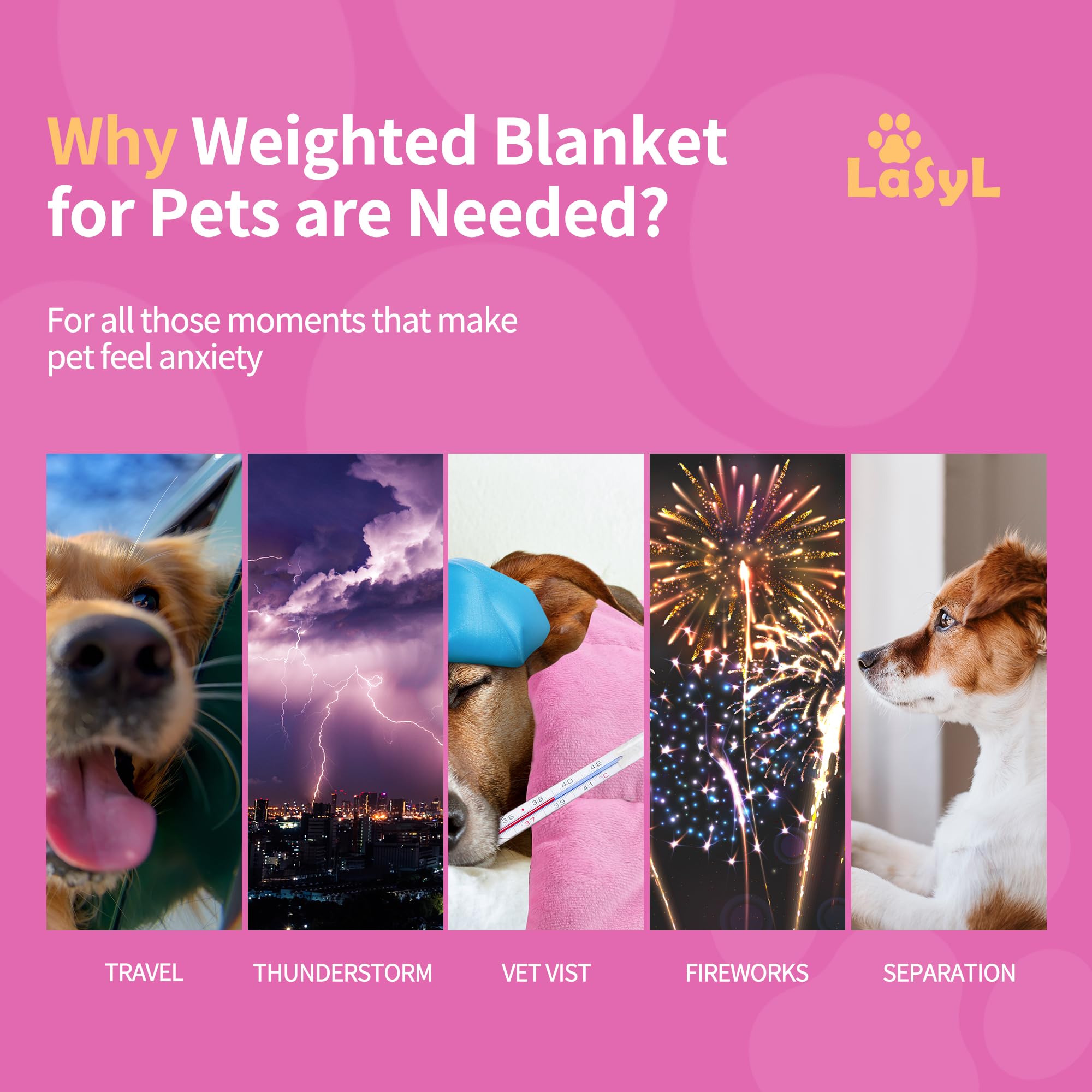 LaSyL weighted blanket for dogs in pink, side view, soothing anxiety on couch.