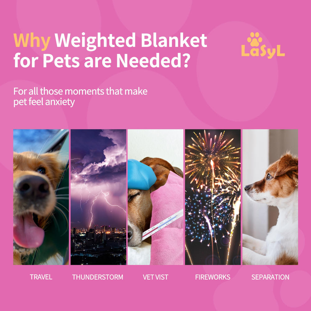 LaSyL weighted blanket for dogs in pink, side view, soothing anxiety on couch.