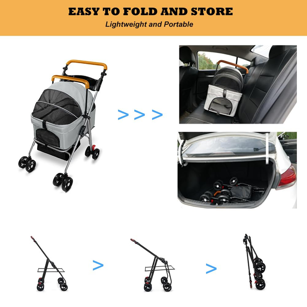 Laushery pet stroller 180-degree canopy shows flexible shade and pet visibility.
