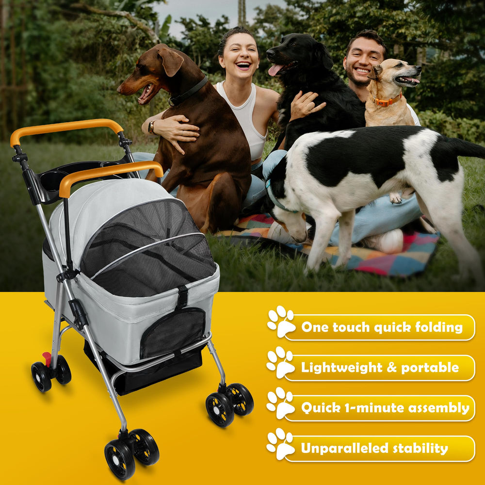 Laushery pet stroller folding mechanism demonstrates easy one-hand collapse.