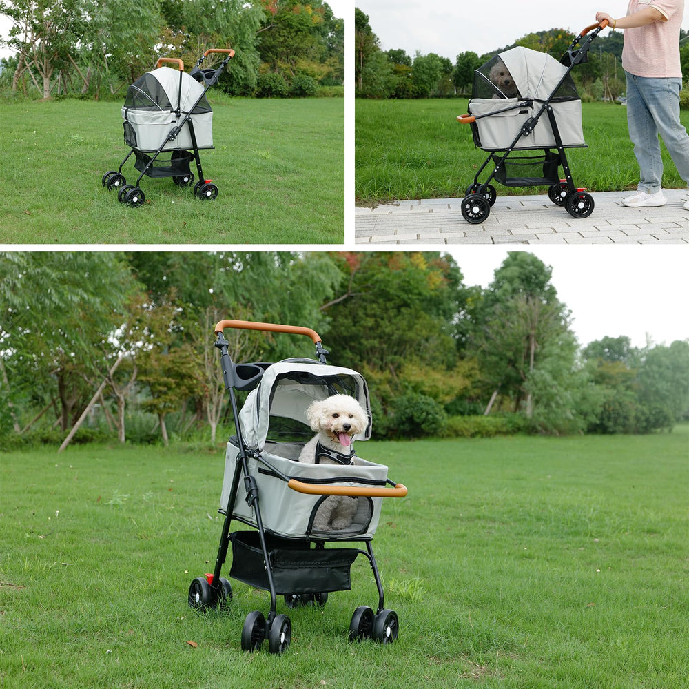 Laushery pet stroller mesh cot image highlights breathable, comfortable space.