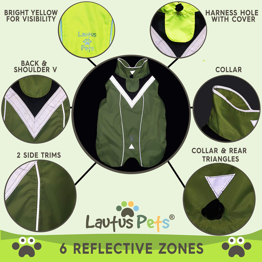 Lautus Pets rain coat side view highlighting adjustable fit for walks