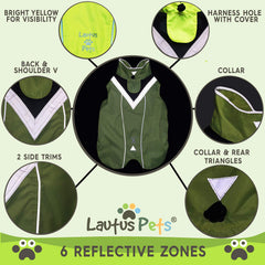 Lautus Pets rain coat side view highlighting adjustable fit for walks