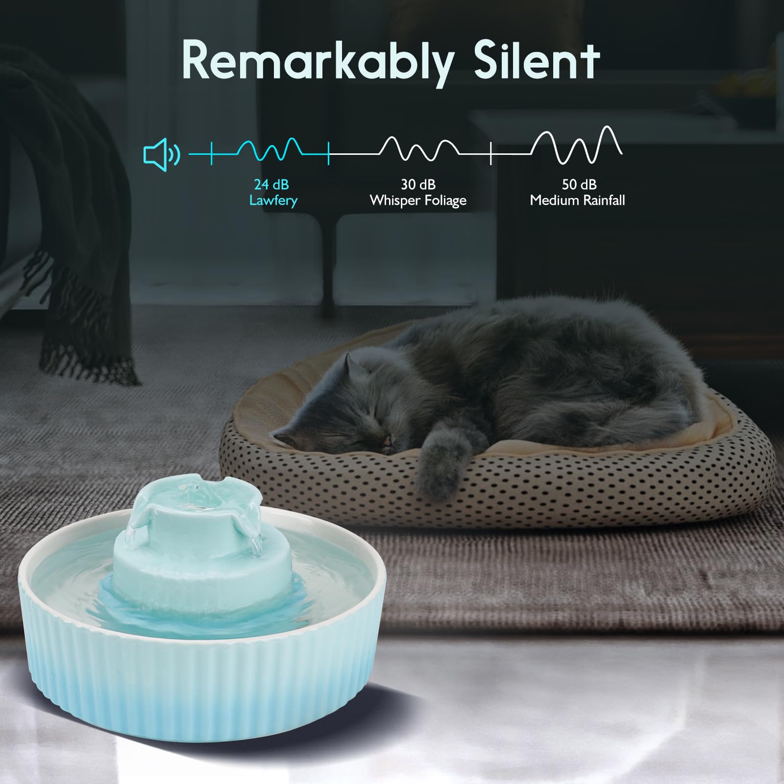 Lawfery ceramic fountain close-up illustrates 2L capacity keeping multiple pets hydrated.
