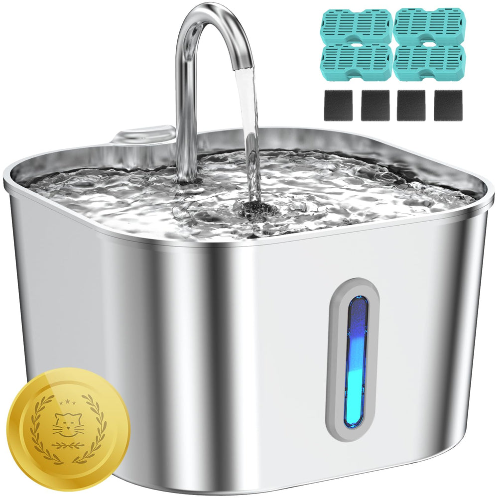 Lawfery cat water fountain front view showing durable stainless steel design for hydration